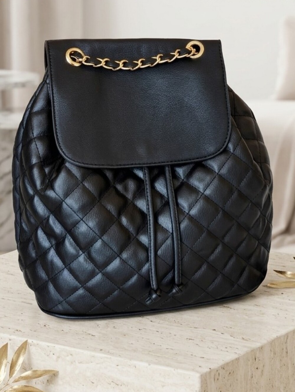 A R New York Women's Black Leather Quilted Drawstring Bucket Backpack Purse
